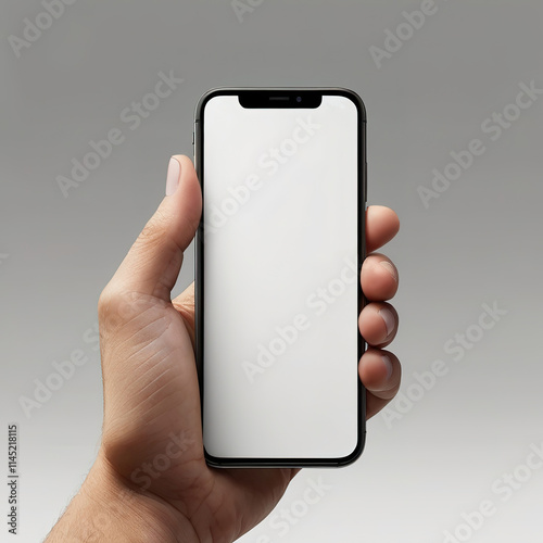 Hand holding a modern smartphone with a blank white screen, perfect for mockups or designs, isolated on a clean transparent background with realistic details
