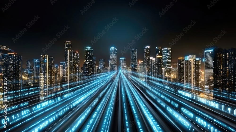 Fototapeta premium Long exposure reveals dynamic light streaks and the glow of skyscrapers in Moscow City, creating a futuristic urban panorama at night