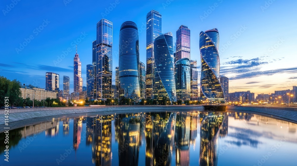 Long exposure reveals dynamic light streaks and the glow of skyscrapers in Moscow City, creating a futuristic urban panorama at night Long exposure reveals dynamic light streaks and the glow of skyscrapers in Moscow City, creating a futuristic urban panorama at night