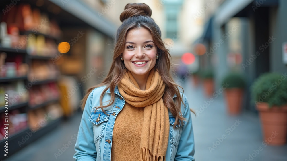 Stylish woman in casual attire enjoying a stroll through a bustling urban area. Stylish woman in casual attire enjoying a stroll through a bustling urban area.