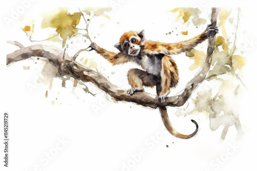 monkey on a branch on a white background., watercolor style,   photo