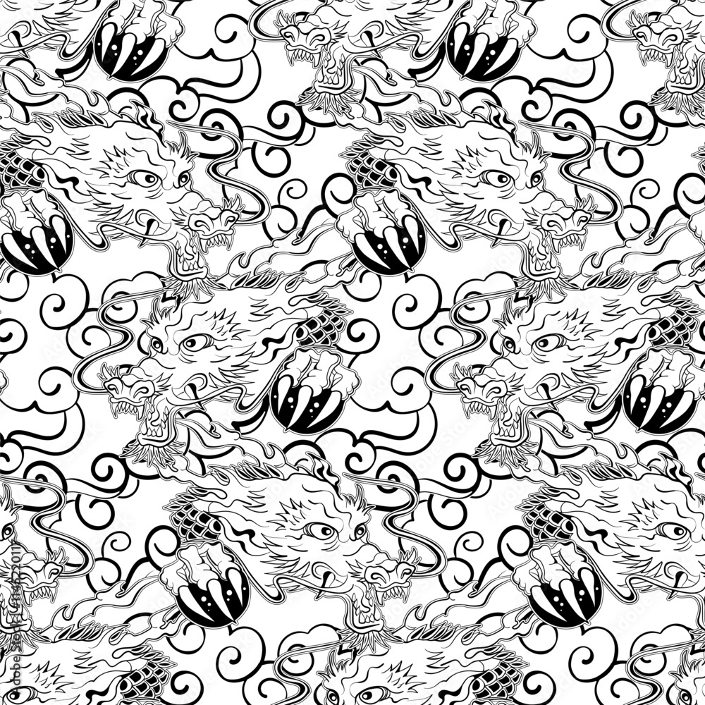 Obraz premium Seamless Vector Pattern of Fierce Japanese Dragon with Pearl in Claw, Flying Amidst Asian Clouds, Monochrome Black and White Illustration