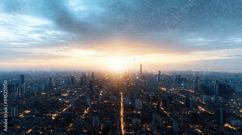 Wallpaper Mural City skyline illuminated by lights at night, representing a dynamic network connection and technological advancement in urban life Torontodigital.ca