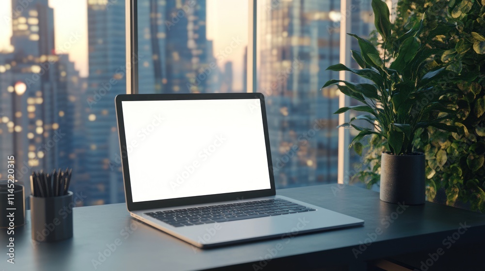 Modern Laptop on Desk with City View at Sunset Modern Laptop on Desk with City View at Sunset