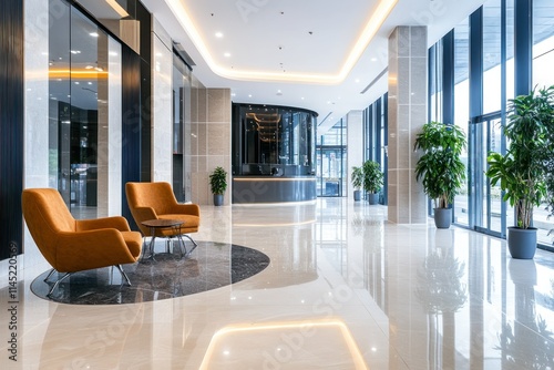 Modern office lobby with sleek furniture, marble flooring, and large windows providing natural light, creating a professional and inviting atmosphere