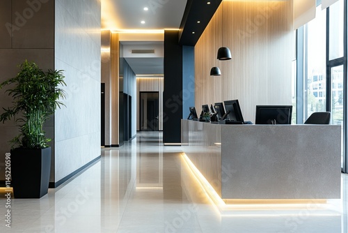 Reception desk with a minimalist design in a well-lit corporate interior featuring modern finishes and polished marble flooring photo