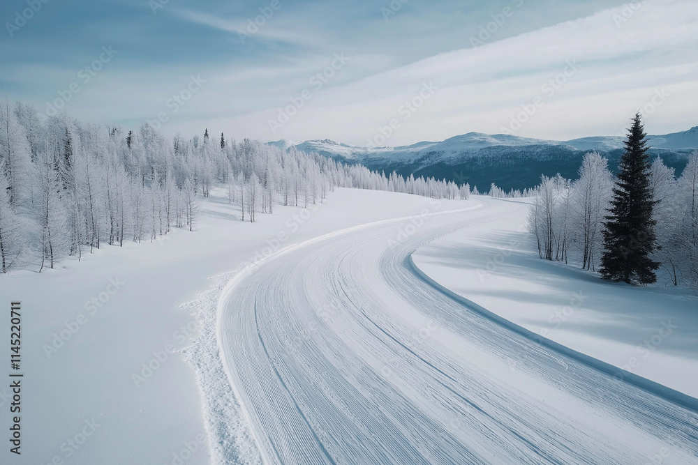 Obraz premium Verschneiter Winterweg windet sich durch eine idyllische Landschaft, langlauf loype