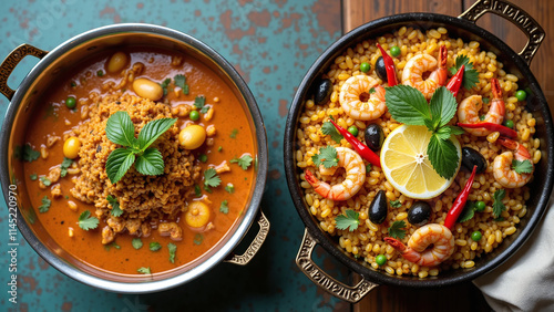 A vibrant and colorful presentation of Mediterranean cuisine featuring couscous and seafood paella.