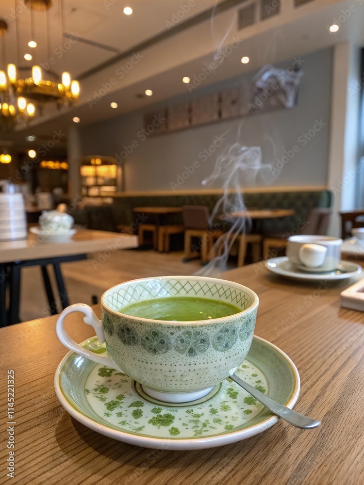 Enjoying a Warm Cup of Green Tea in a Serene Restaurant Setting. Generative AI Enjoying a Warm Cup of Green Tea in a Serene Restaurant Setting. Generative AI
