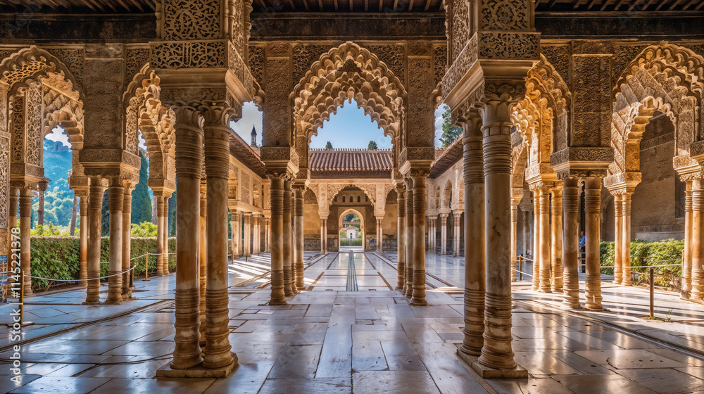 Obraz premium Elegant Moorish architecture at the Alhambra palace in Granada, Spain. Ornate Islamic arches and columns frame a sunlit courtyard with intricate stone carvings and decorative patterns