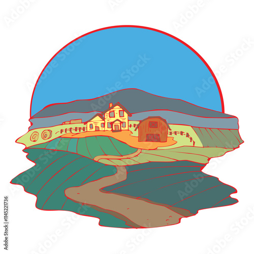 isometric farm with mills barn and silo hay fence and street lamp isolated illustration