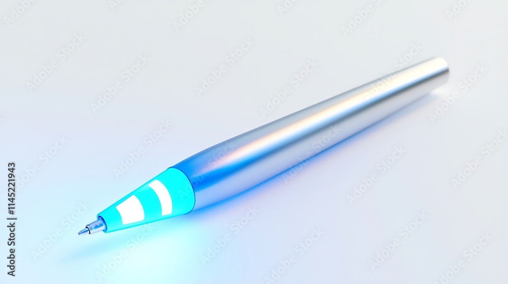 Futuristic silver pen with glowing blue tip on white background. Futuristic silver pen with glowing blue tip on white background.