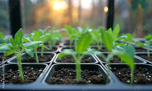 Young plants growing in trays, nurtured for future planting in a garden or greenhouse.