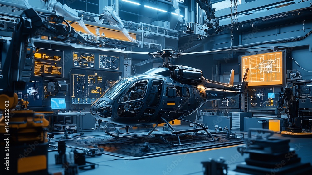 A futuristic helicopter in a high-tech workshop with advanced displays. A futuristic helicopter in a high-tech workshop with advanced displays.