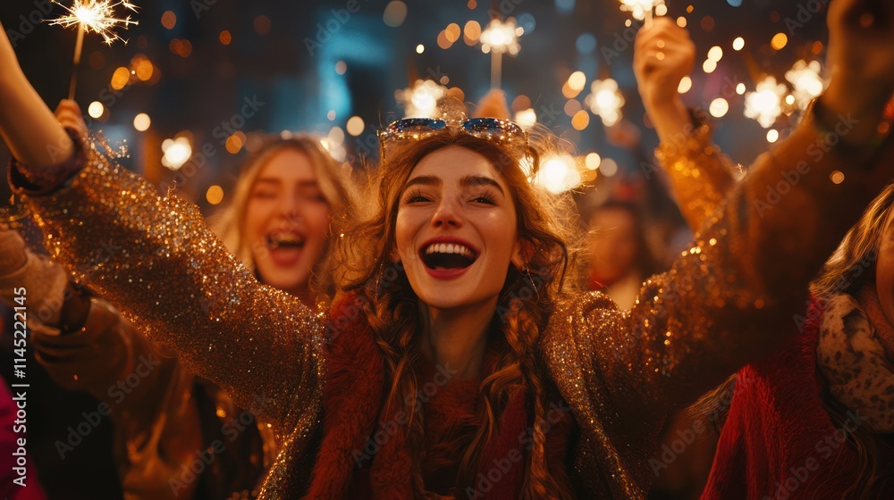 Happy women celebrating with sparklers at night. Happy women celebrating with sparklers at night.