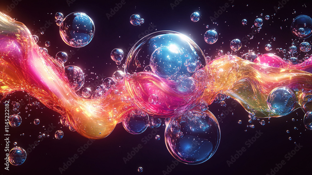 Colorful bubbles and swirling liquid create a mesmerizing visual display in a dark background Colorful bubbles and swirling liquid create a mesmerizing visual display in a dark background