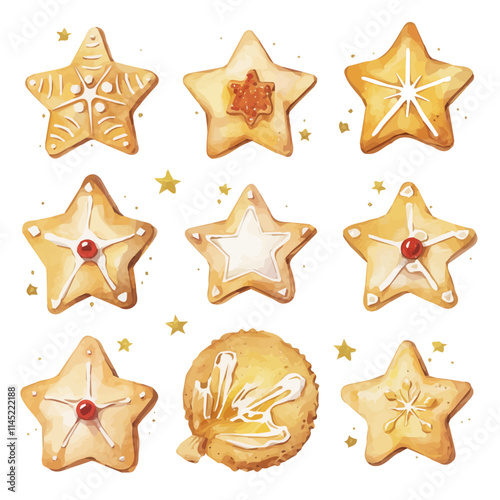 watercolor Christmas shortbread cookies painting collection isolated on a white background, vector flat watercolor