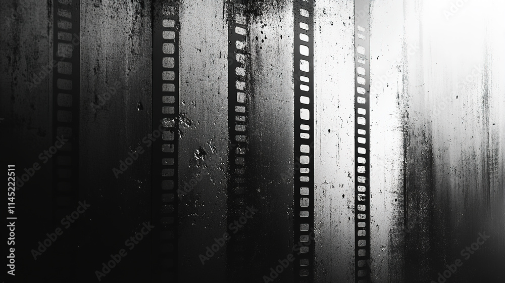 Obraz premium Dark film strips create an abstract background with texture and contrast in a dimly lit space