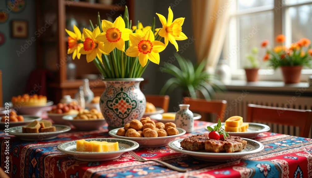 Naklejka premium Colorful Haft-Seen table setting for Nowruz celebration. Spring flowers, traditional Persian foods displayed on decorated table. Family gathering shown. Traditional dishes, spring flowers indicate
