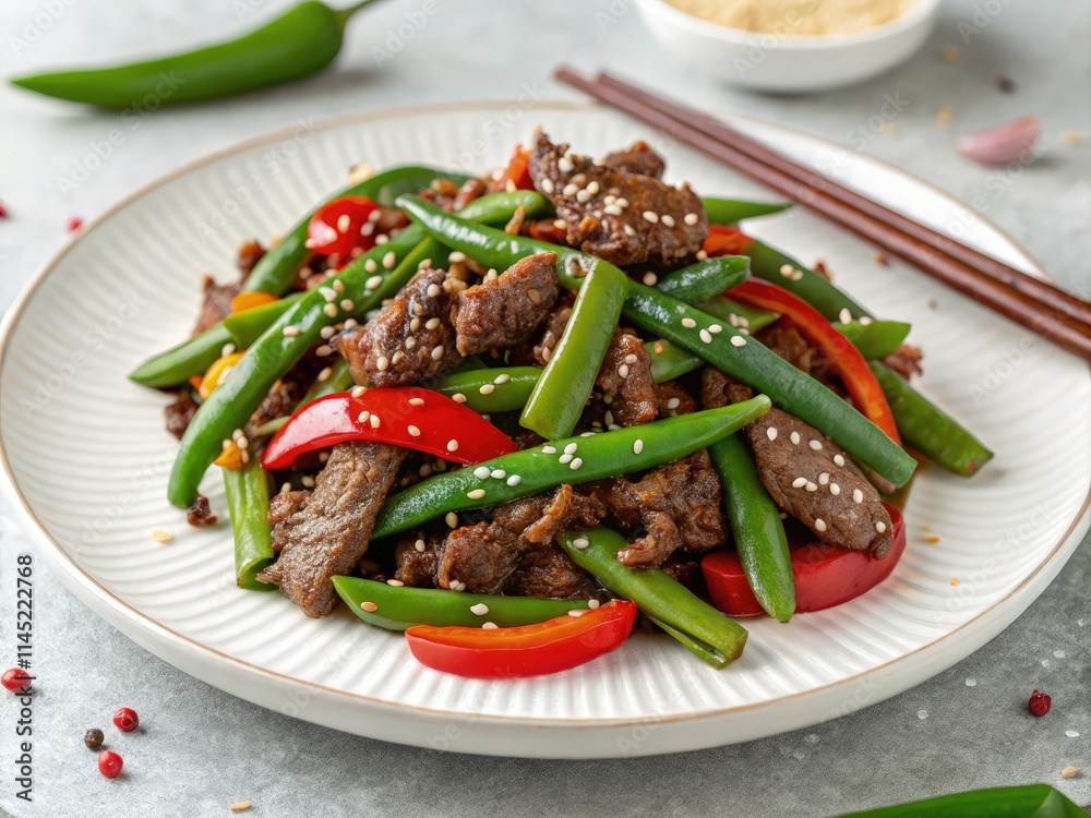 Delicious Ground Beef Stir Fry With Green Beans and Bell Peppers Served Elegantly. Generative AI Delicious Ground Beef Stir Fry With Green Beans and Bell Peppers Served Elegantly. Generative AI