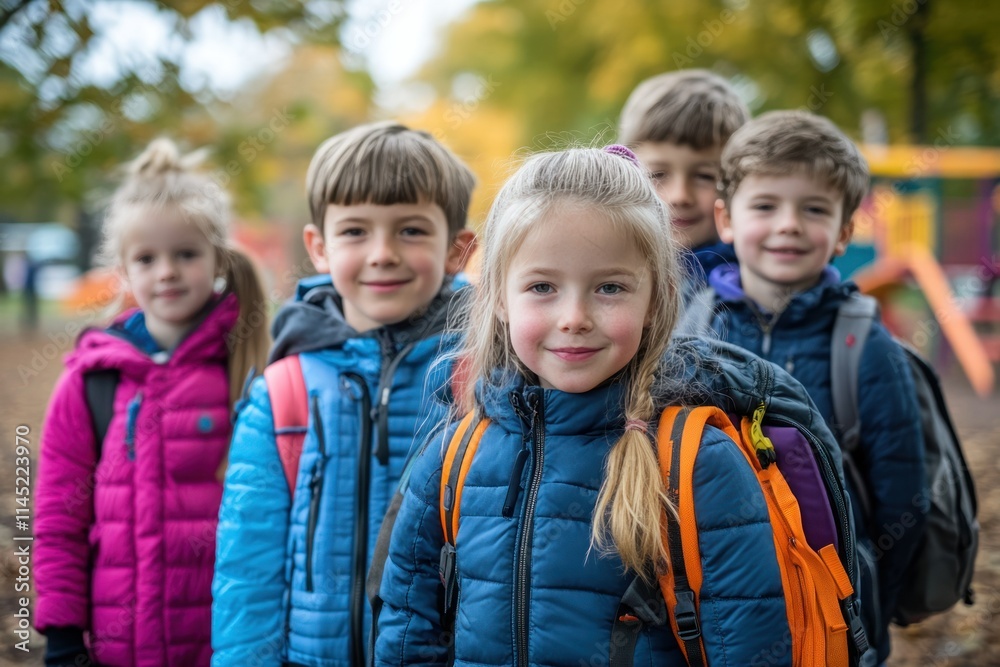 Group of children with rucksacks standing in the park near the school, posing for a photo. Background features a playground. Group of children with rucksacks standing in the park near the school, posing for a photo. Background features a playground.