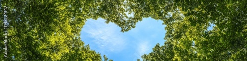 A heart-shaped gap in the forest canopy revealing a clear blue sky, symbolizing love for nature.