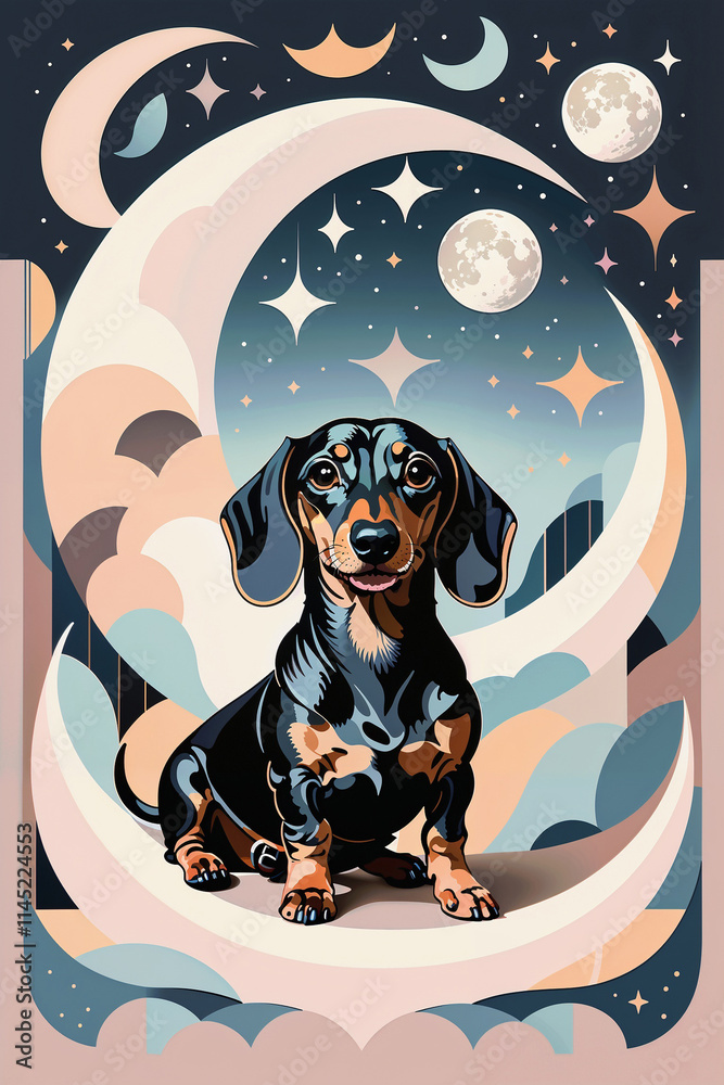 Obraz premium Artistically rendered Dachshund seated on crescent moon amidst celestial elements, combining Art Deco aesthetics with contemporary illustration style creating magical nighttime scene
