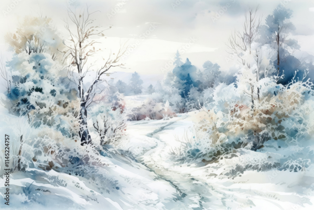 Fototapeta premium gentle watercolor winter landscape with trees and path, footprints in the snow, illustration., watercolor style, 