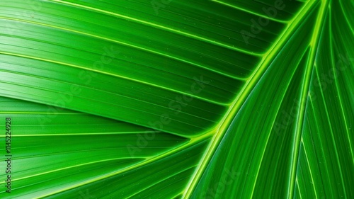 Close up shot of a vibrant green palm leaf, showcasing its natural texture and tropical beauty, leaf veins, detail, natural