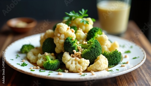 Fresh broccoli and cauliflower salad with tahini dressing on a plate. Healthy meal. Indoor shot. Colorful and appetizing. Looks delicious and fresh. A plate of cooked vegetables. photo