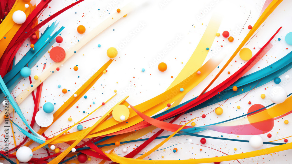Fototapeta premium Colorful ribbons and spheres exploding on white background
