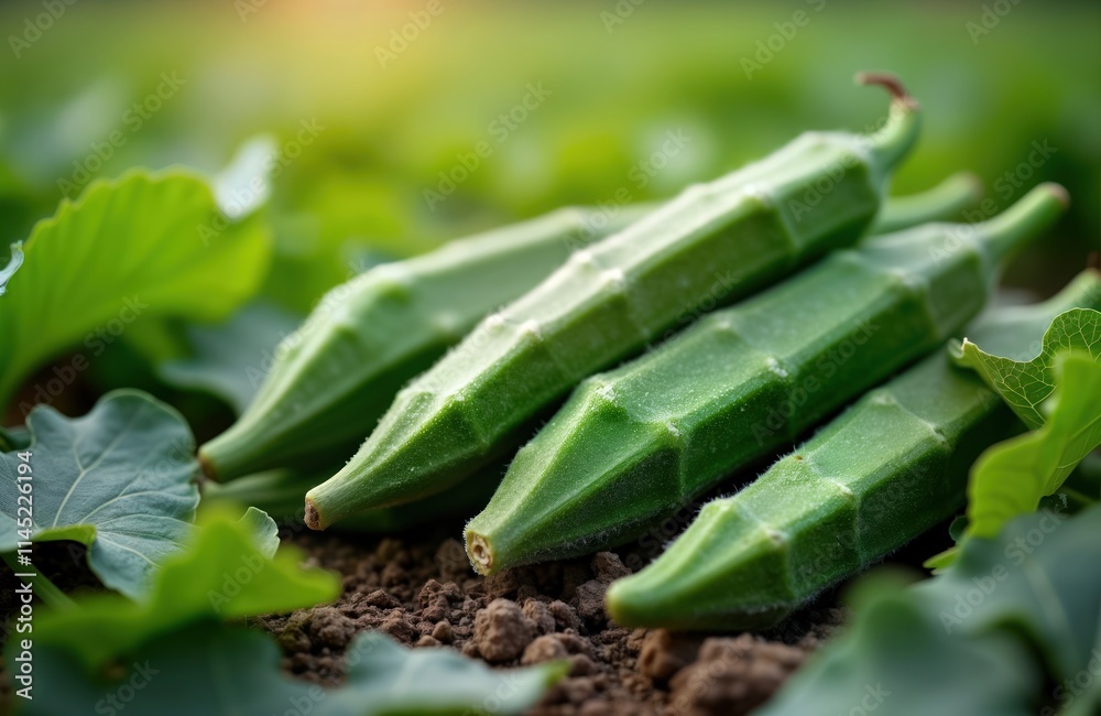 Fototapeta premium Fresh green okra pods lie on rich soil in agriculture field. Healthy vegetable in garden setting. Uncooked okra ready for harvest. Natural, organic produce. Excellent source of fiber, nourishment.