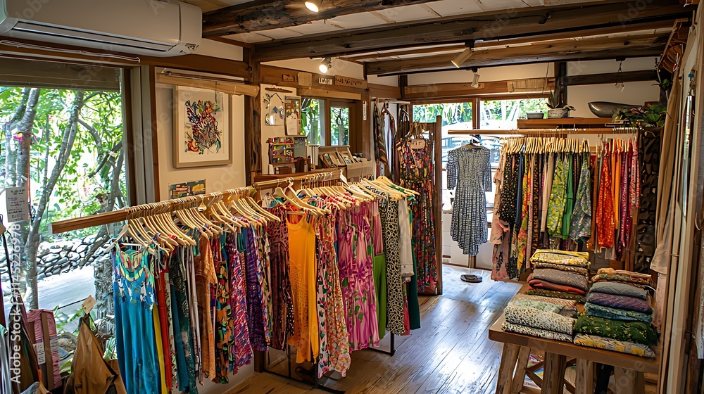 Obraz premium Colorful clothing displayed in a rustic shop.