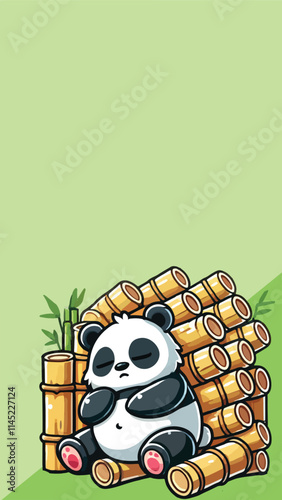 Panda mascot sleeping soundly on a pile of bamboo sticks