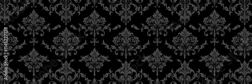 Intricately designed seamless gothic damask pattern with dark and elegant motifs on a black background, background, elegant, gothic