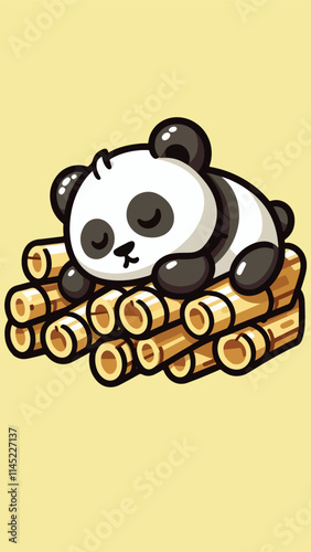 Panda mascot sleeping soundly on a pile of bamboo sticks