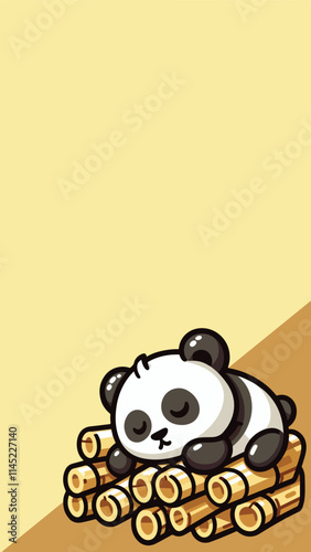 Panda mascot sleeping soundly on a pile of bamboo sticks