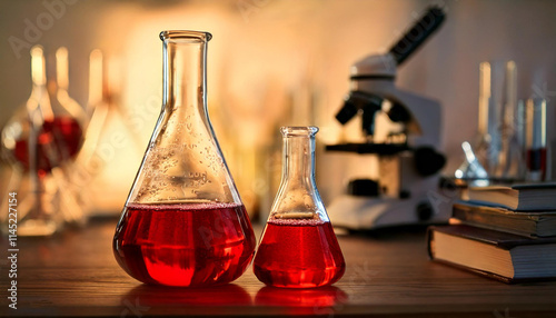 Chemical lab with Erlenmeyer in close with red liquid and blurry background with microscope