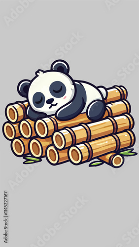 Panda mascot sleeping soundly on a pile of bamboo sticks