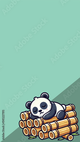 Panda mascot sleeping soundly on a pile of bamboo sticks