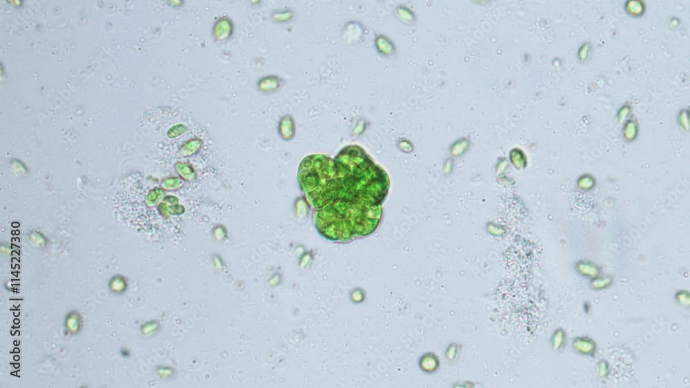 Colony of green algae in the center, protozoa under microscope magnification.