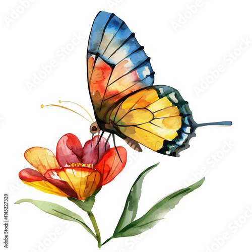 A watercolor painting of a butterfly fluttering near a flower, isolated on a white background. Butterfly vector.
