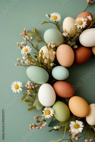 A charming close-up of a festive Easter wreath featuring a variety of beautifully decorated eggs surrounded by fresh flowers. This delightful composition embodies the spirit of spring and celebration