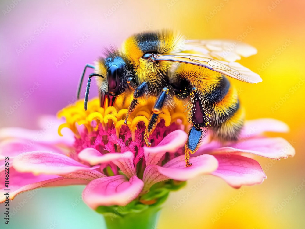 Bumblebee Gathering Nectar on a Colorful Flower in Close-Up Bumblebee Gathering Nectar on a Colorful Flower in Close-Up