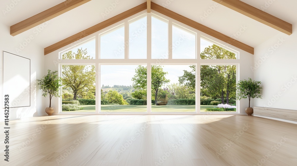 Spacious empty living room with a vaulted ceiling, wooden beams, and large windows offering scenic views Spacious empty living room with a vaulted ceiling, wooden beams, and large windows offering scenic views