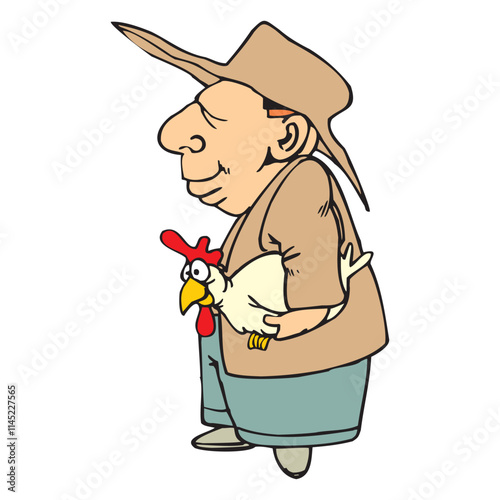 Cartoon old man farmer holding and carrying a chicken vector design