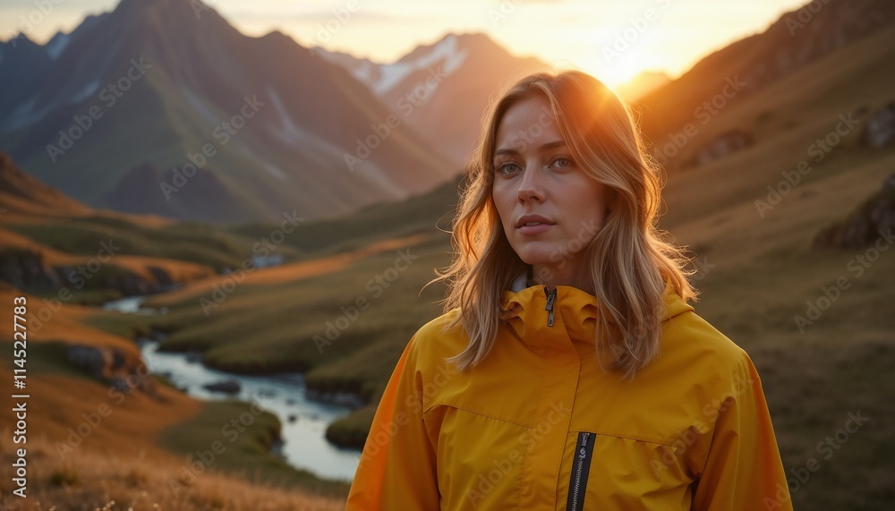 A young woman wearing a vibrant yellow jacket standing in a picturesque mountain valley during sunset, surrounded by dramatic scenery and a peaceful wilderness environment.
A young woman wearing a vibrant yellow jacket standing in a picturesque mountain valley during sunset, surrounded by dramatic scenery and a peaceful wilderness environment.