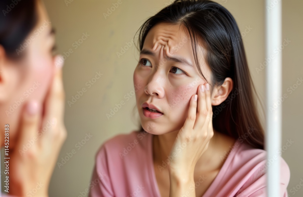 Young Asian woman looking worried in mirror. Touching face with concern. Appears to skin problems. Possible melasma, freckles pigmentation issues visible. Seems troubled by changes in complexion, Young Asian woman looking worried in mirror. Touching face with concern. Appears to skin problems. Possible melasma, freckles pigmentation issues visible. Seems troubled by changes in complexion,