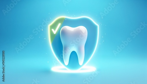 A bright tooth with a shield featuring a checkmark symbolizes dental care and oral protection. The vibrant blue background highlights the concept of health and hygiene, evoking cleanliness.