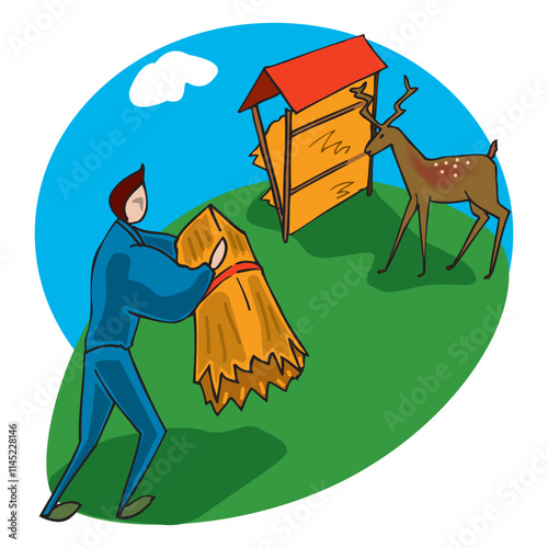a farmer giving grass to deer on farm vector design